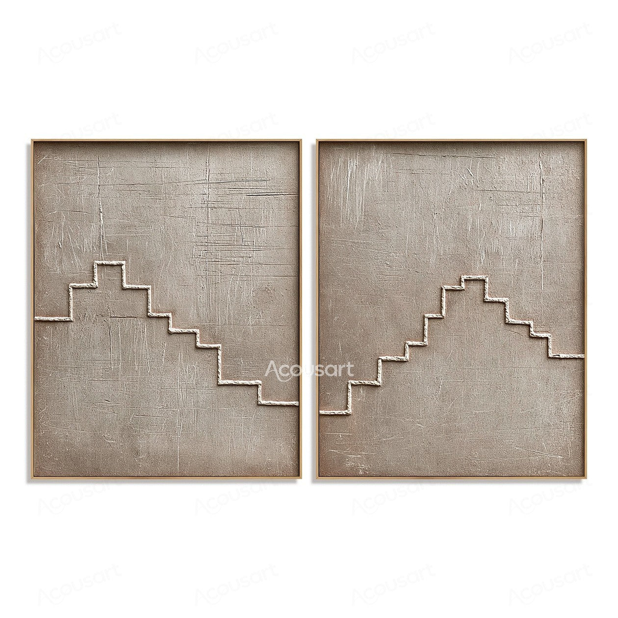 Minimalist textured geometric diptych wall art with beige background and raised staircase line design