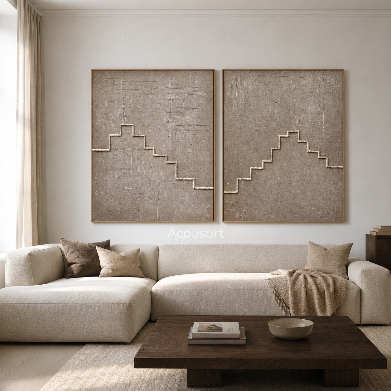 Minimalist textured geometric diptych wall art with beige background and raised staircase line design