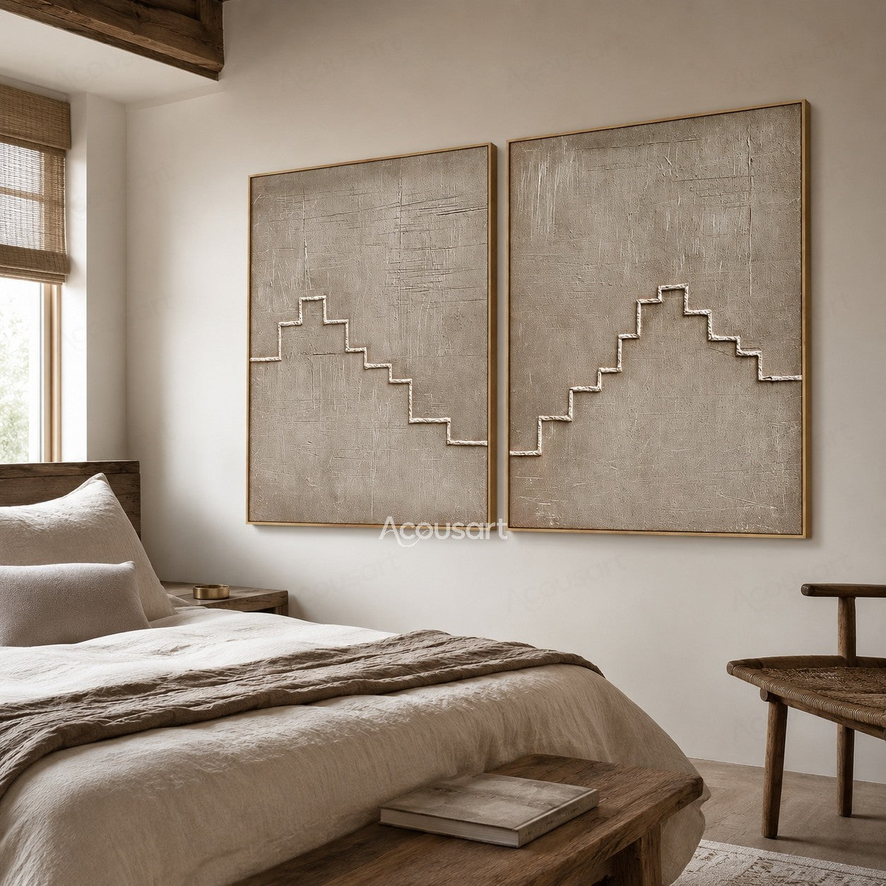 Minimalist textured geometric diptych wall art with beige background and raised staircase line design