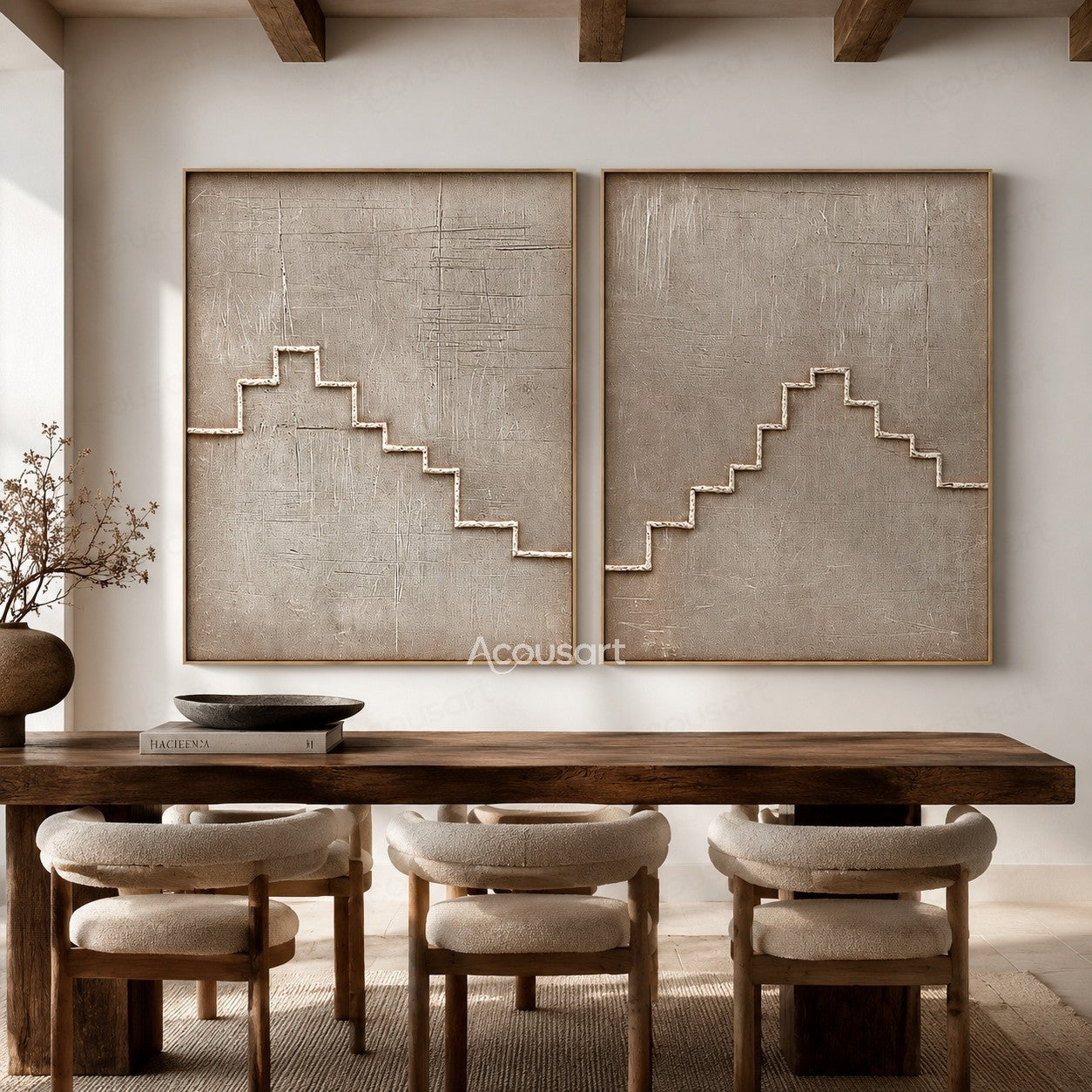 Minimalist textured geometric diptych wall art with beige background and raised staircase line design