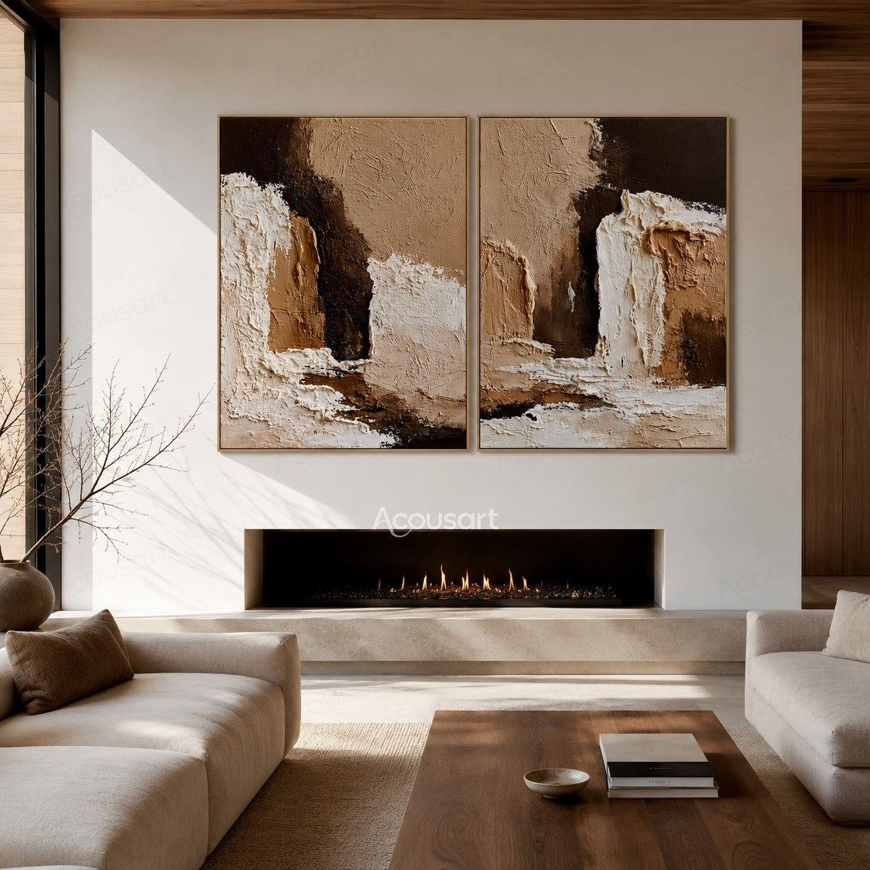 Neutral abstract diptych wall art with textured beige, brown, and white layered design