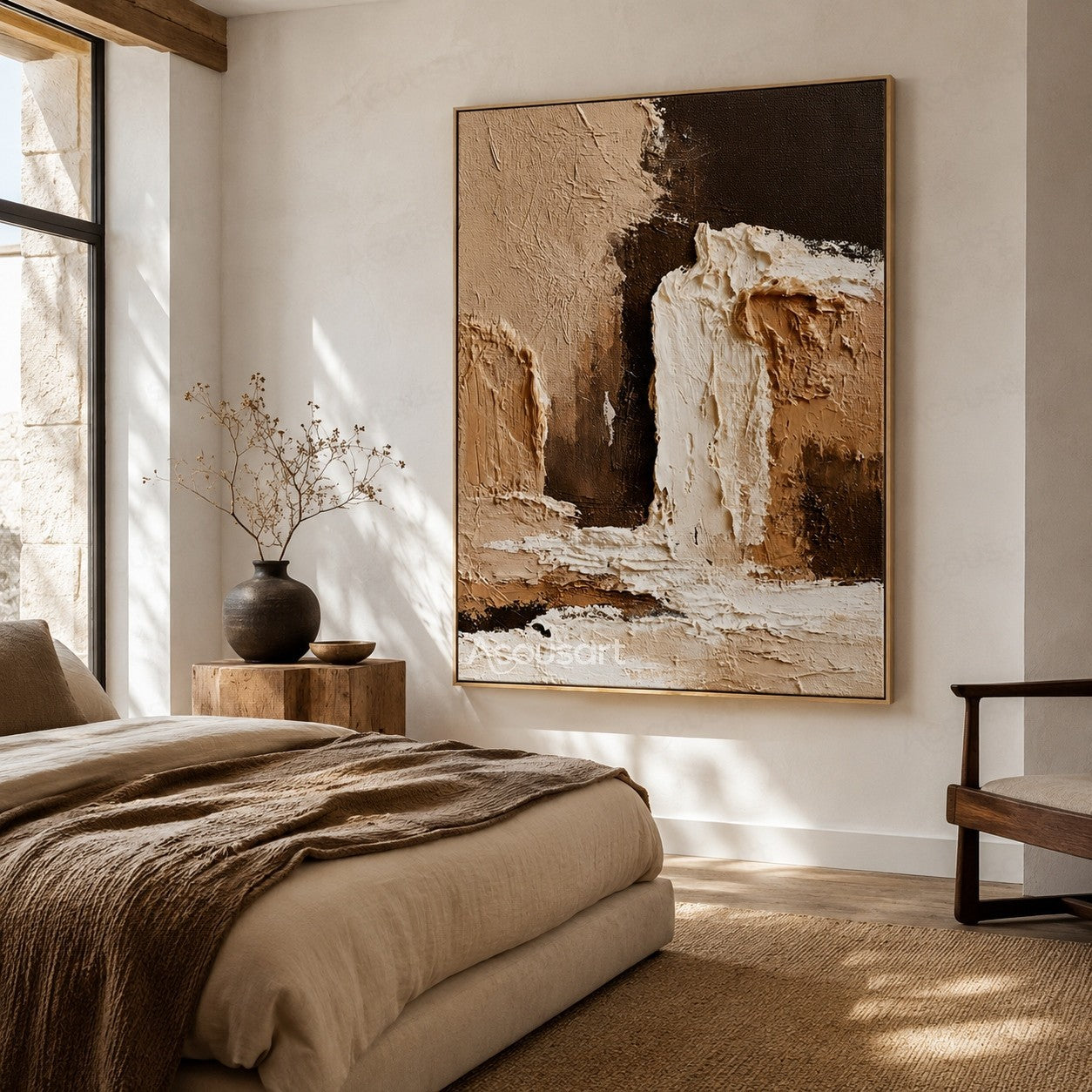 Neutral textured abstract wall art with layered plaster texture in beige, black, brown, and white tones