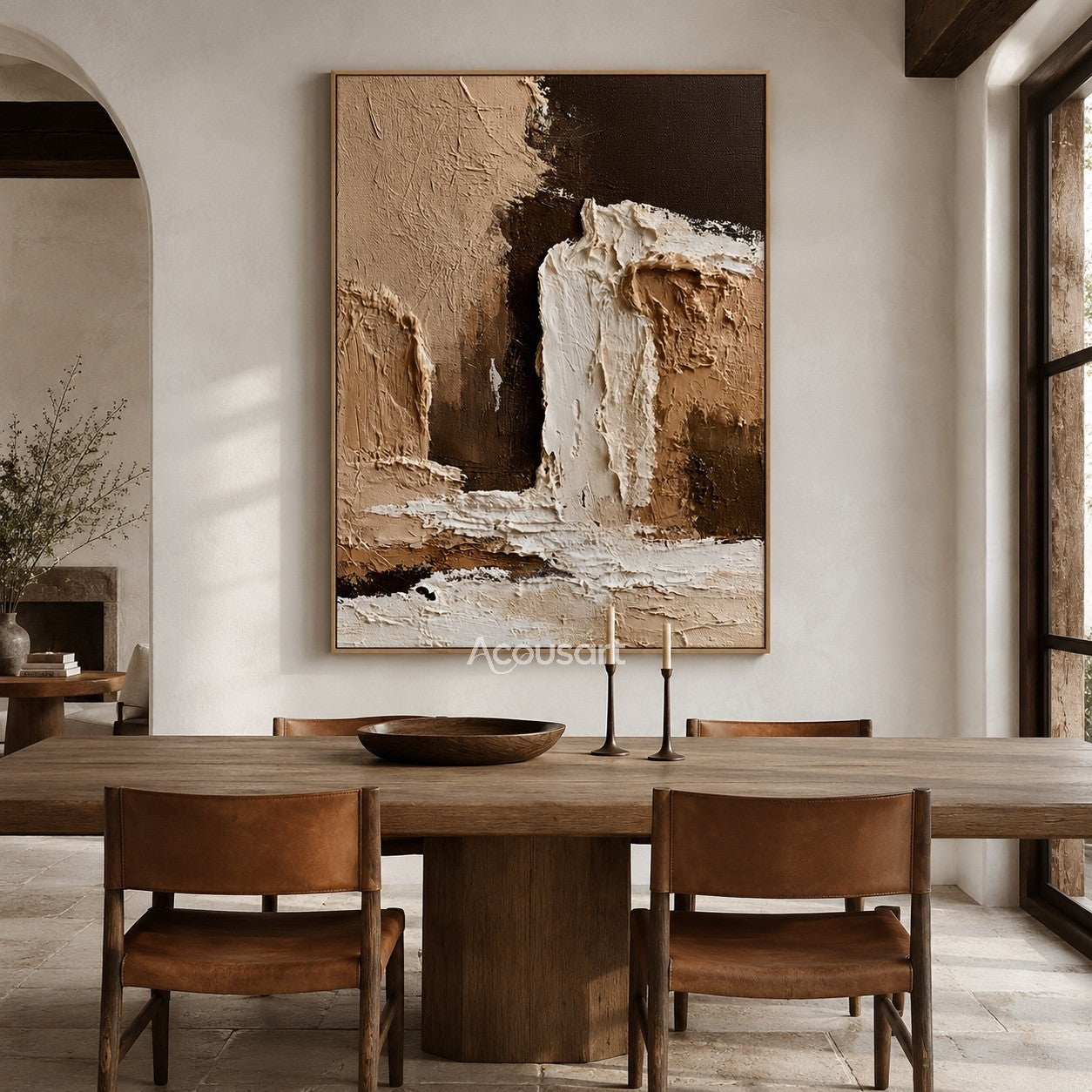 Neutral textured abstract wall art with layered plaster texture in beige, black, brown, and white tones