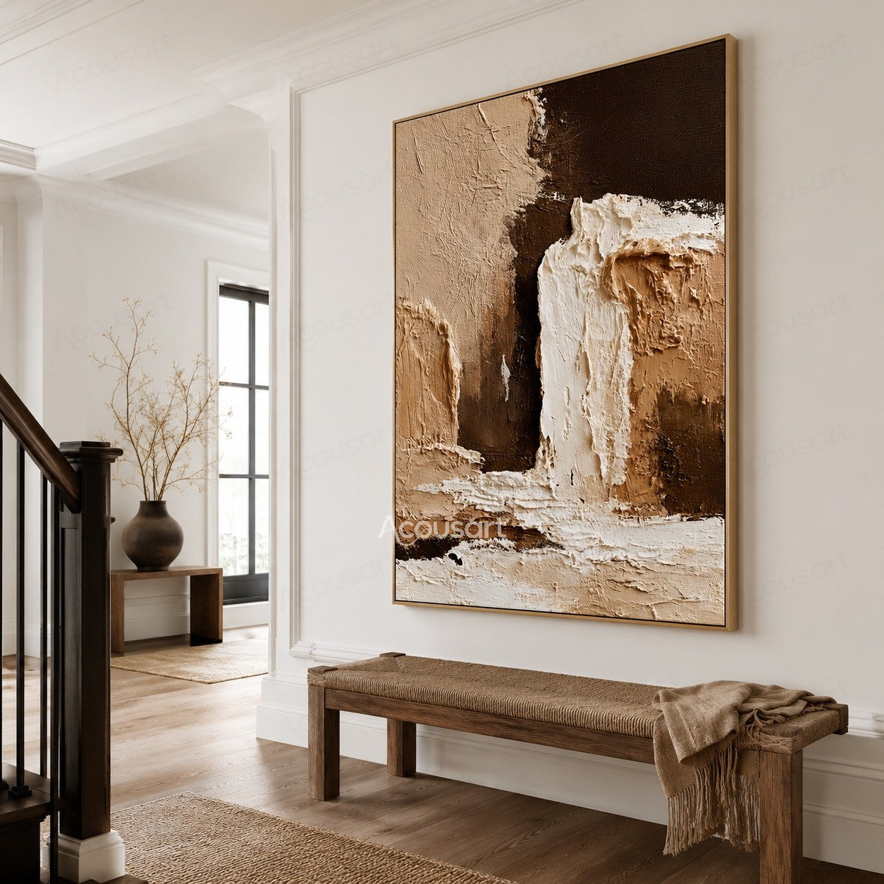Neutral textured abstract wall art with layered plaster texture in beige, black, brown, and white tones