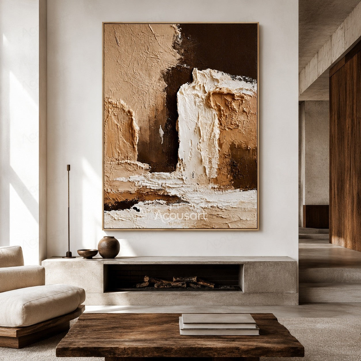 Neutral textured abstract wall art with layered plaster texture in beige, black, brown, and white tones