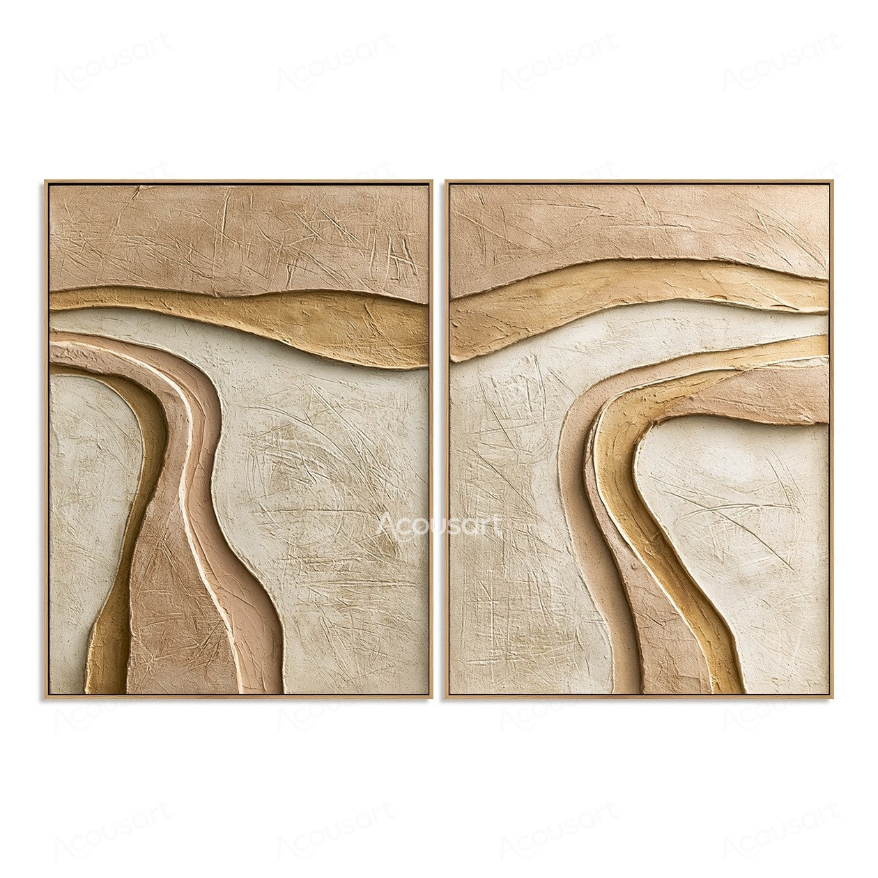 Neutral textured abstract diptych wall art with flowing curved layers in beige, cream, and sand tones