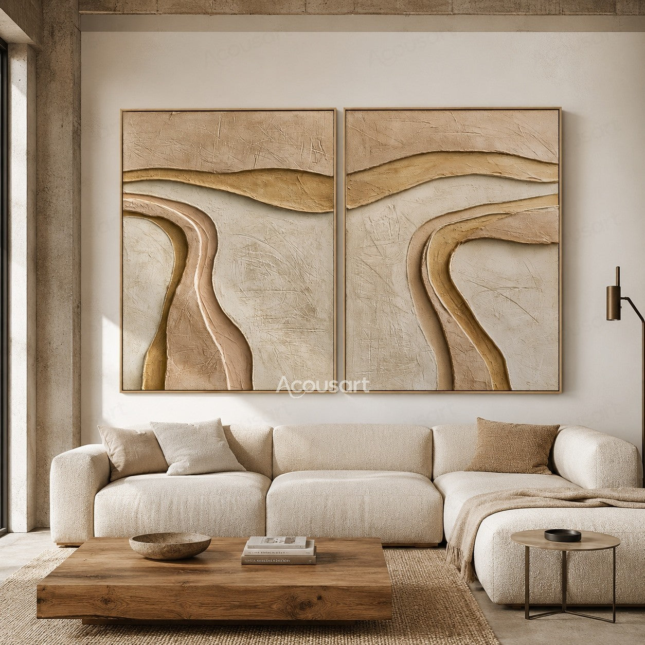 Neutral textured abstract diptych wall art with flowing curved layers in beige, cream, and sand tones