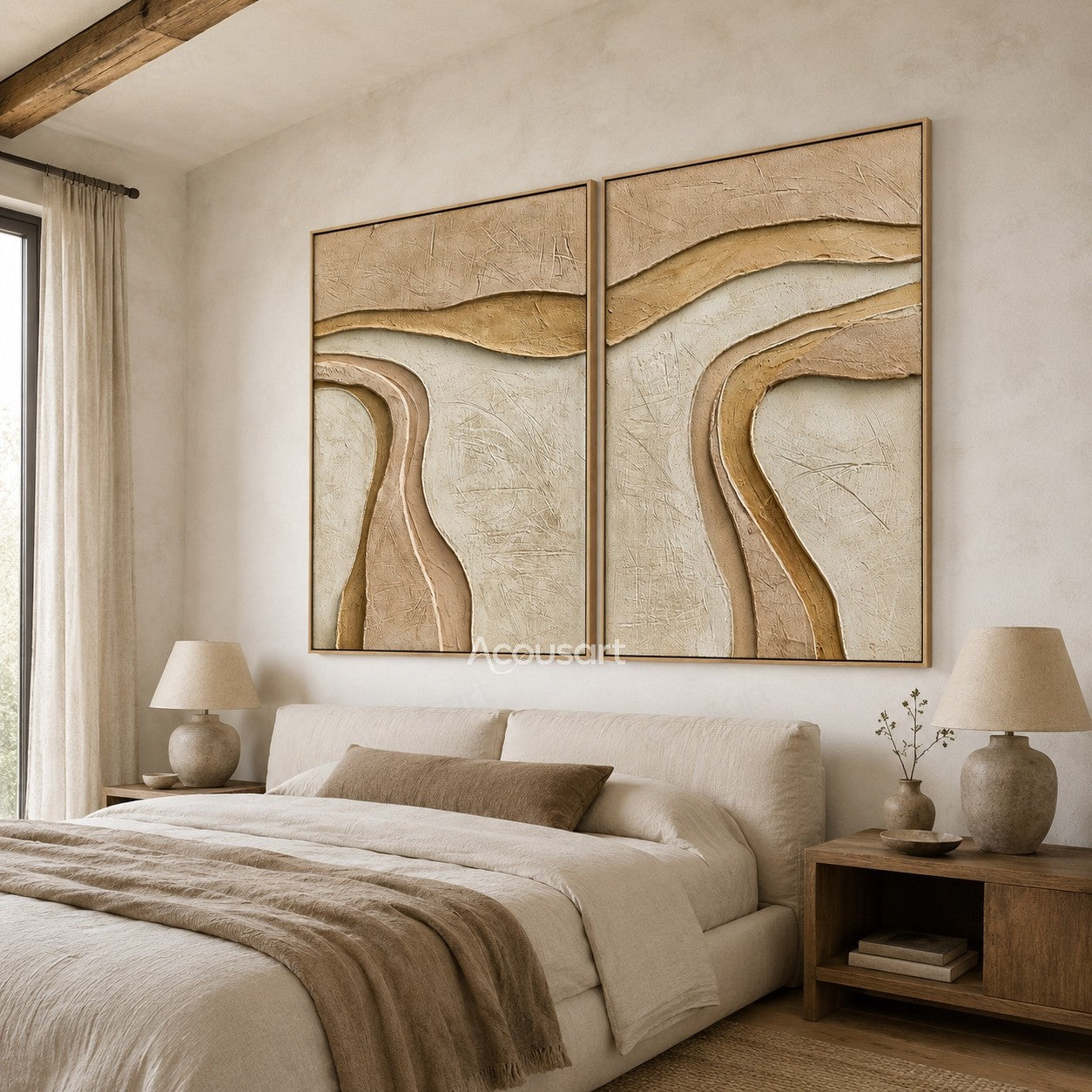 Neutral textured abstract diptych wall art with flowing curved layers in beige, cream, and sand tones