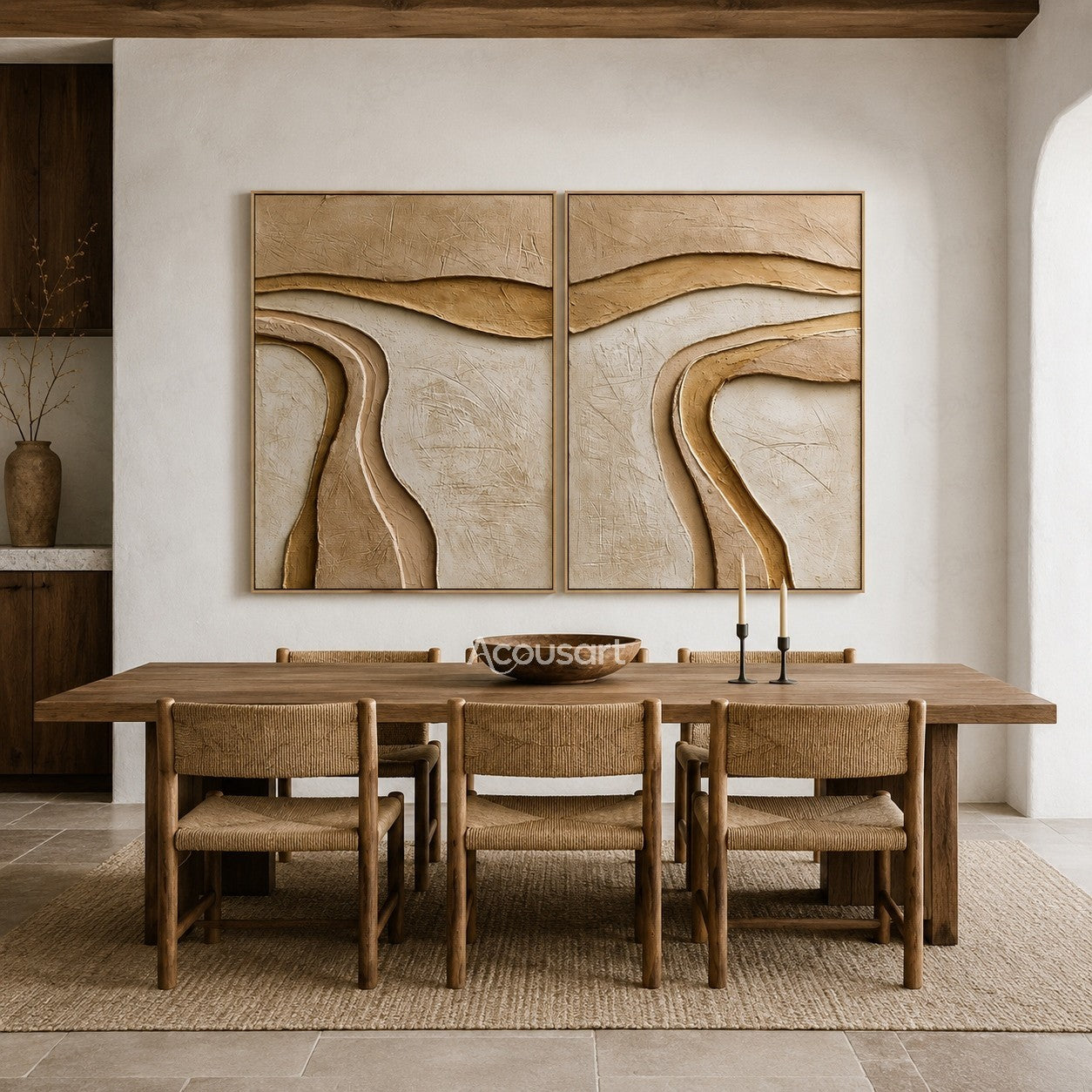 Neutral textured abstract diptych wall art with flowing curved layers in beige, cream, and sand tones