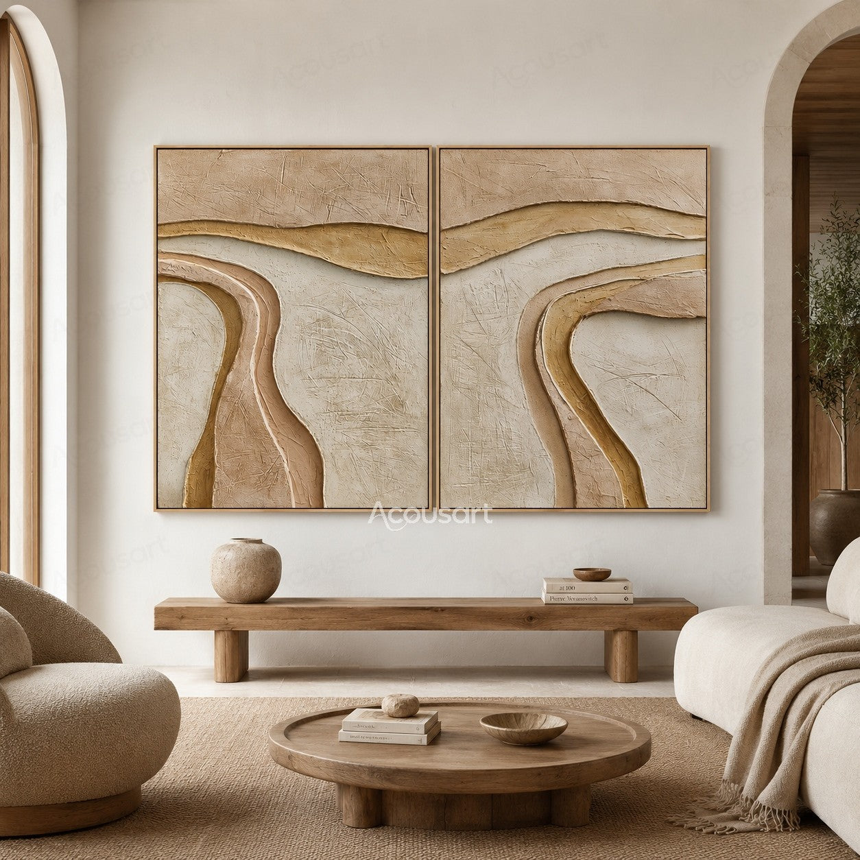 Neutral textured abstract diptych wall art with flowing curved layers in beige, cream, and sand tones