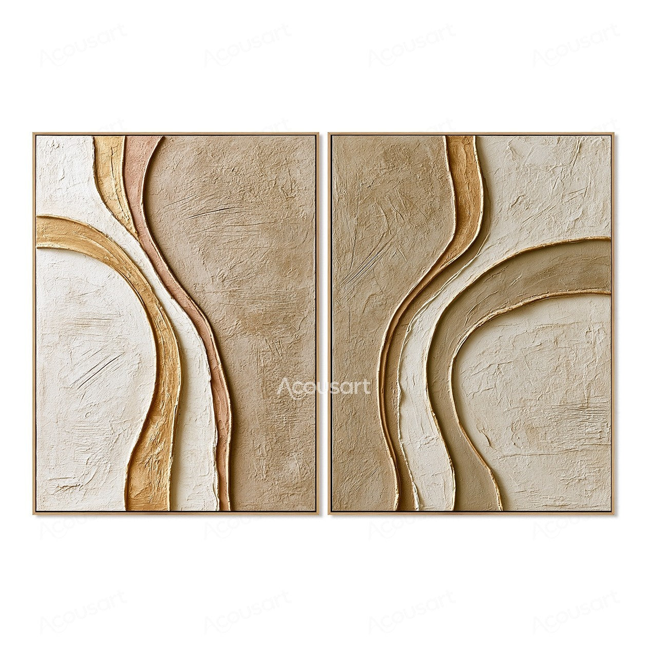 Neutral textured abstract wall art set with flowing curved lines in beige, cream, and gold tones