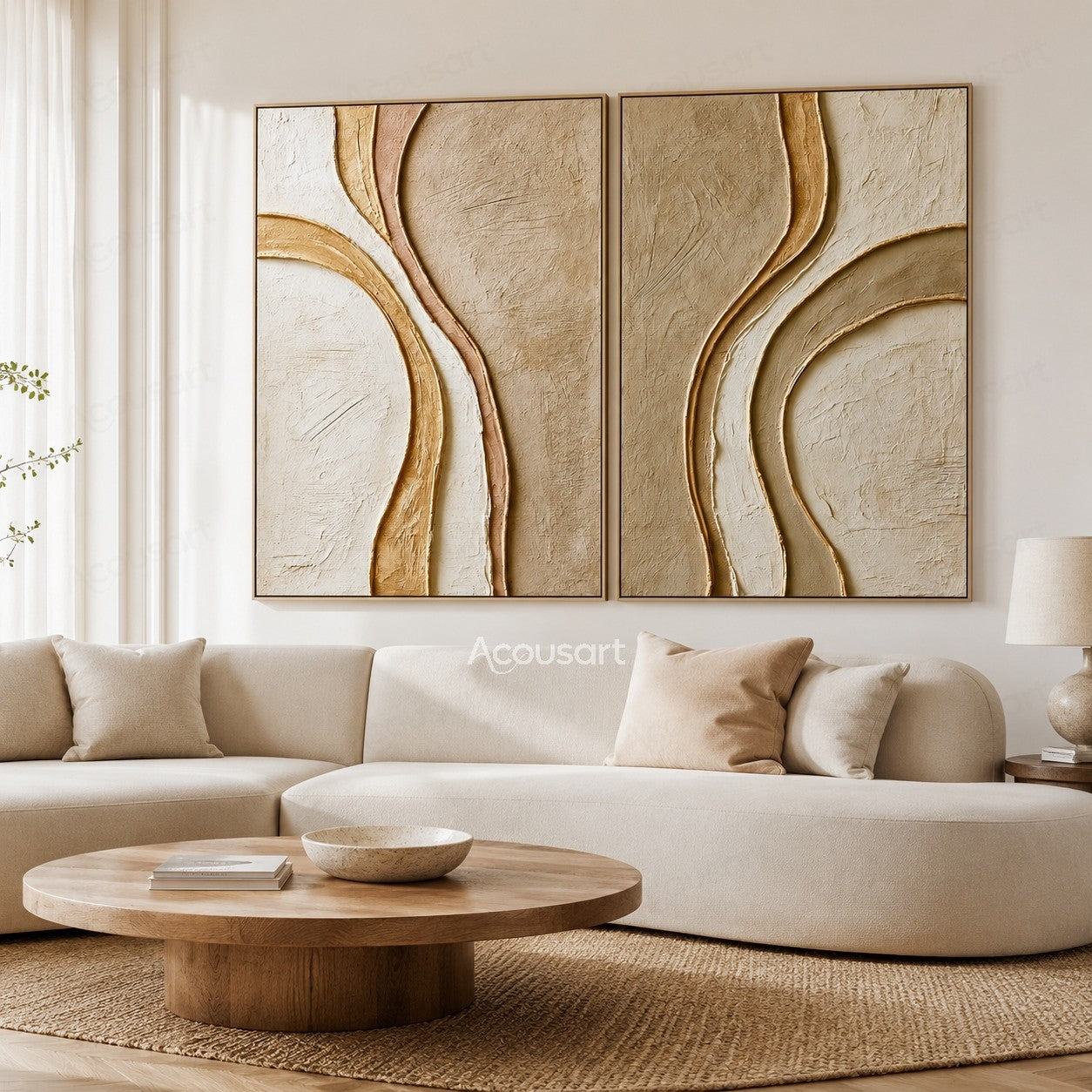 Neutral textured abstract wall art set with flowing curved lines in beige, cream, and gold tones