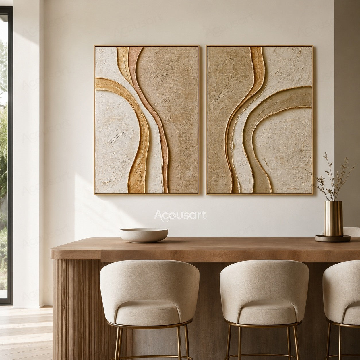 Neutral textured abstract wall art set with flowing curved lines in beige, cream, and gold tones