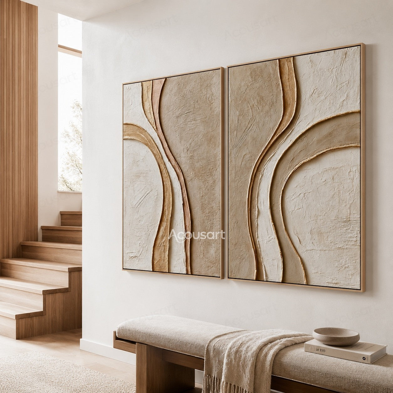 Neutral textured abstract wall art set with flowing curved lines in beige, cream, and gold tones