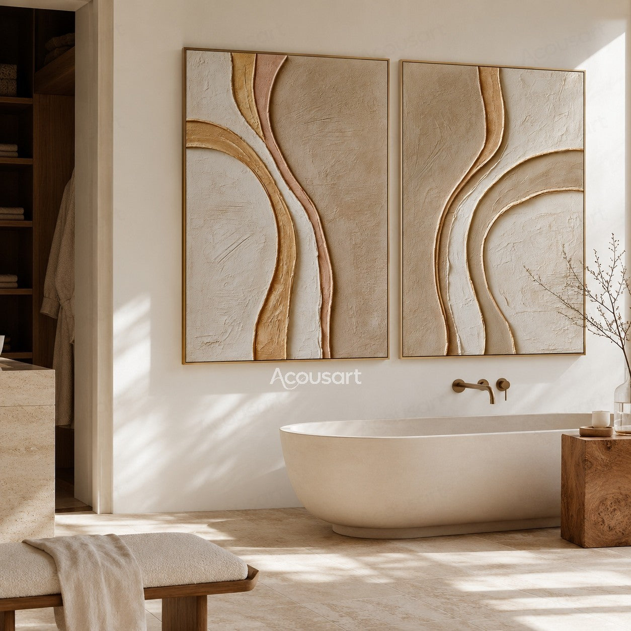 Neutral textured abstract wall art set with flowing curved lines in beige, cream, and gold tones