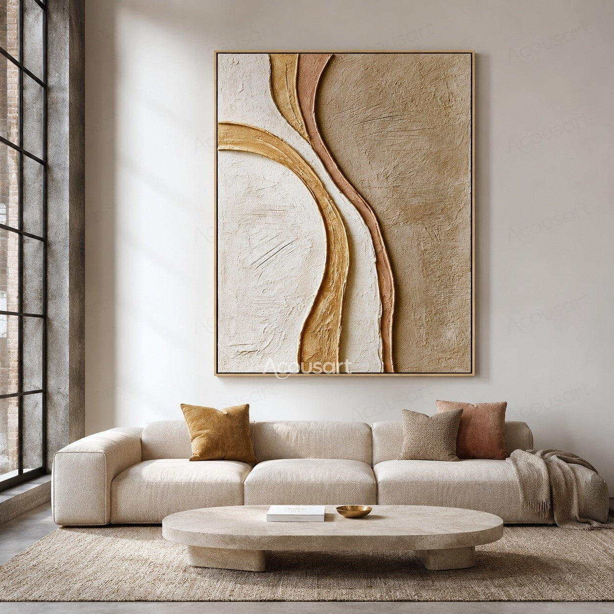Neutral textured abstract wall art with curved lines in cream, beige, blush, and warm sand tones