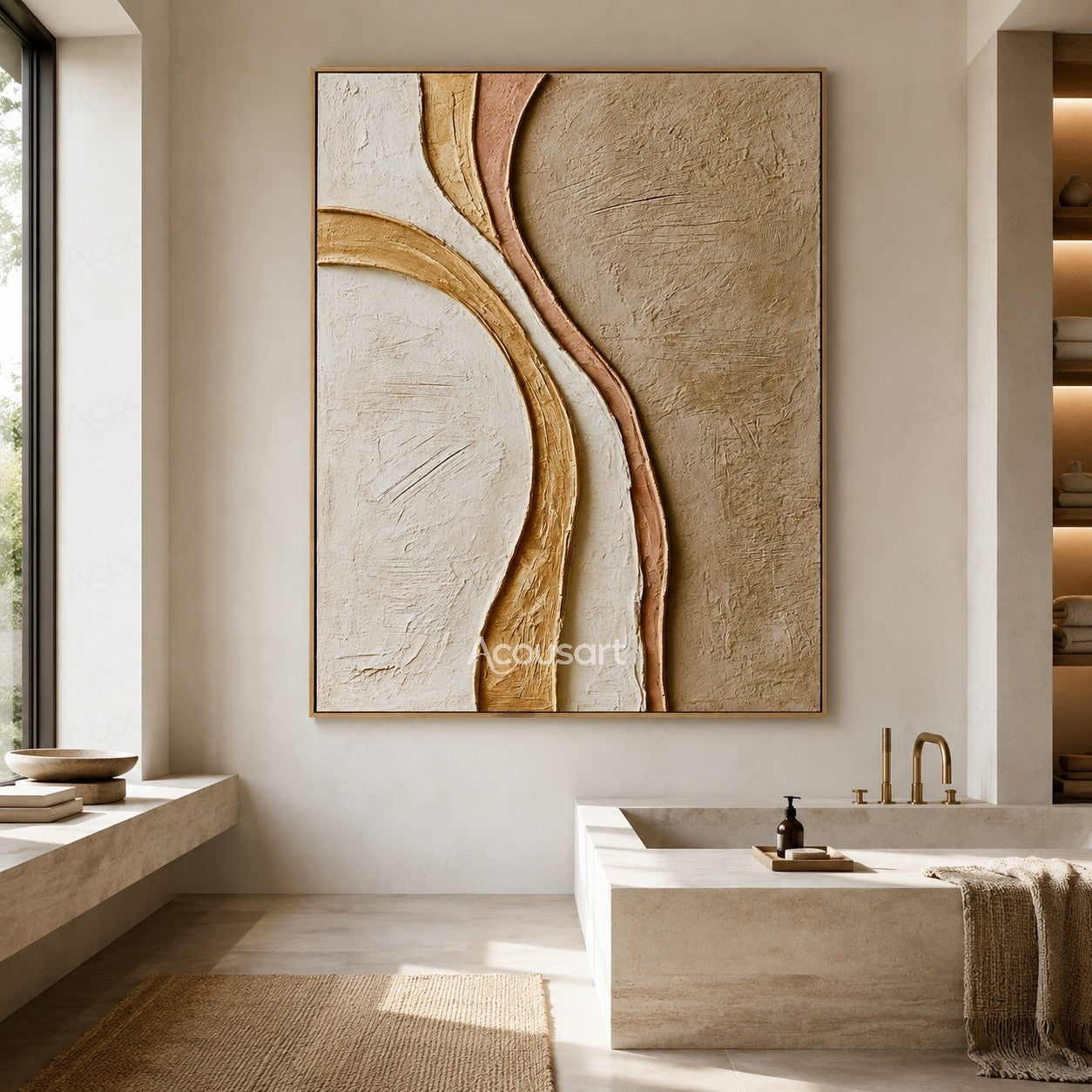 Neutral textured abstract wall art with curved lines in cream, beige, blush, and warm sand tones