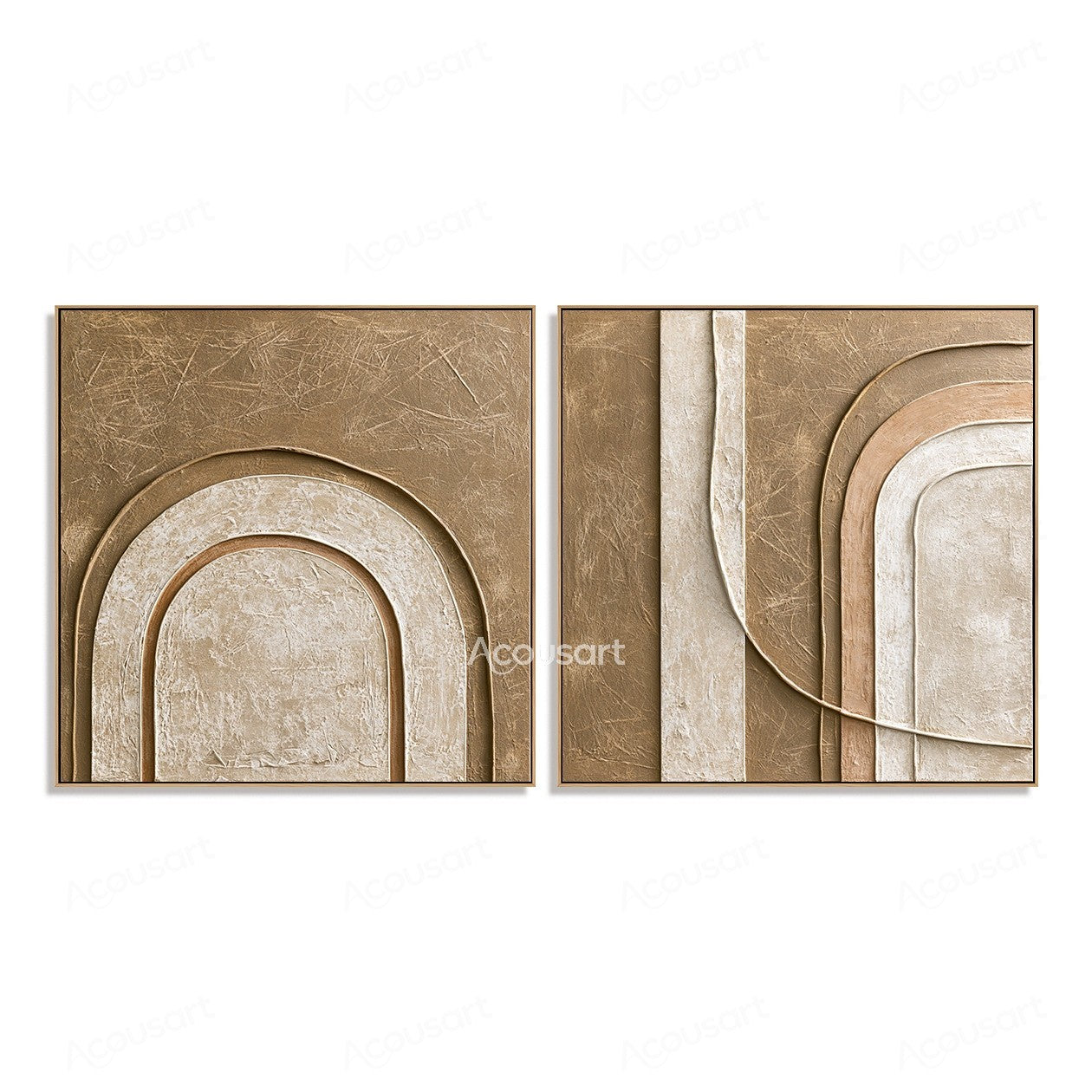 Neutral textured abstract diptych wall art with beige tones, arch shapes, and layered geometric curves