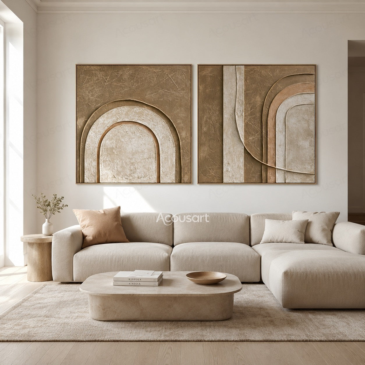 Neutral textured abstract diptych wall art with beige tones, arch shapes, and layered geometric curves