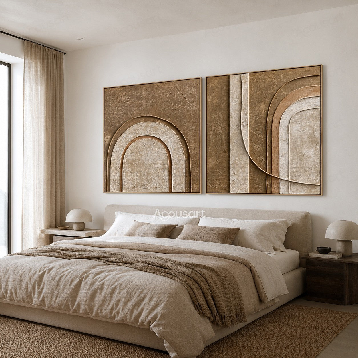 Neutral textured abstract diptych wall art with beige tones, arch shapes, and layered geometric curves