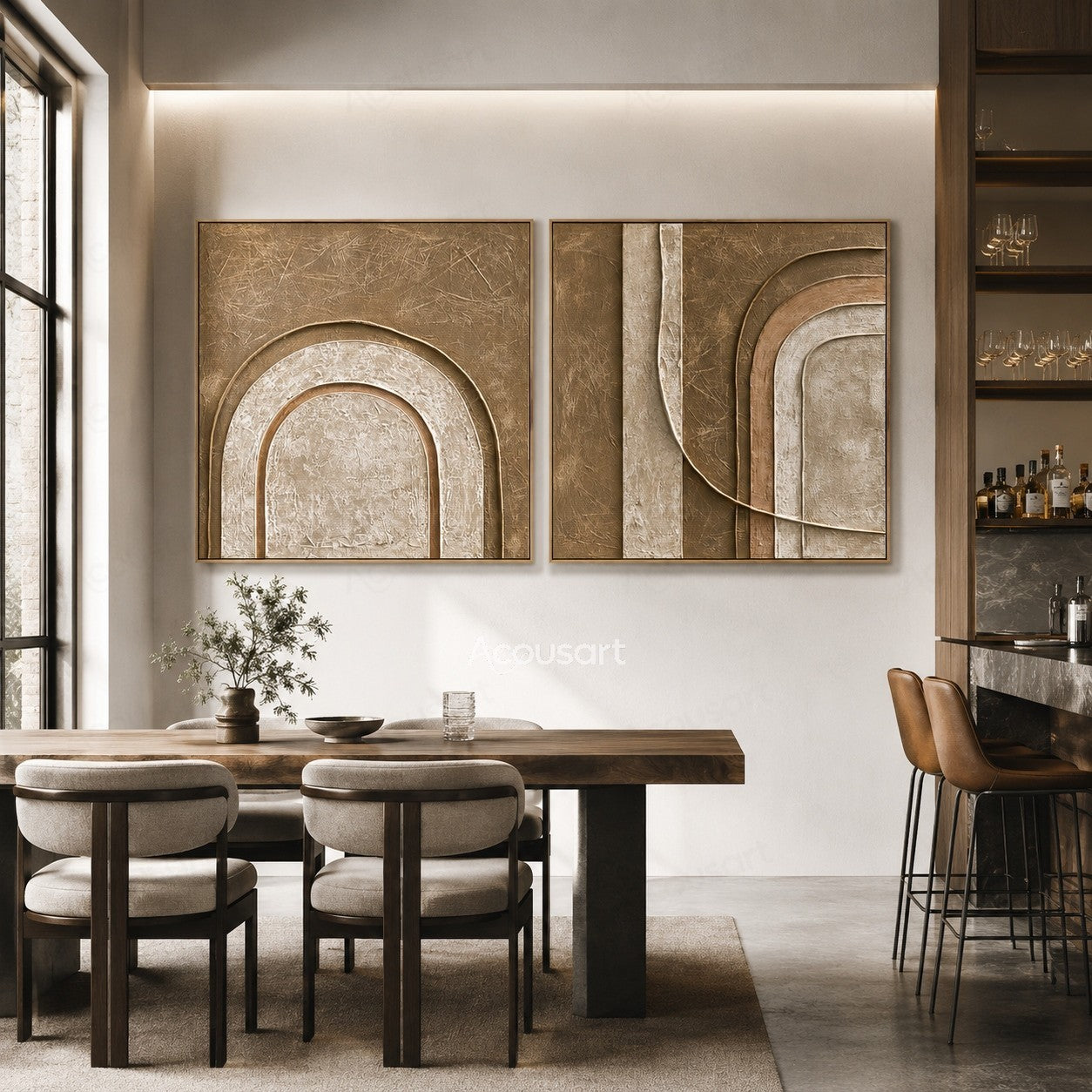 Neutral textured abstract diptych wall art with beige tones, arch shapes, and layered geometric curves