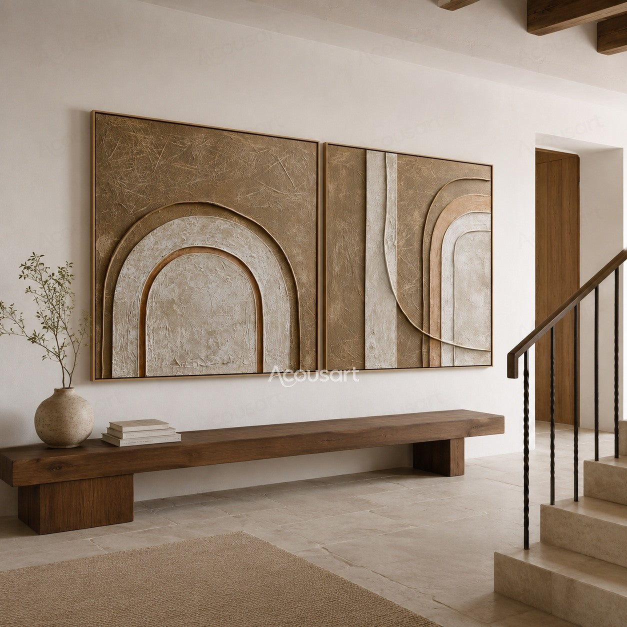 Neutral textured abstract diptych wall art with beige tones, arch shapes, and layered geometric curves