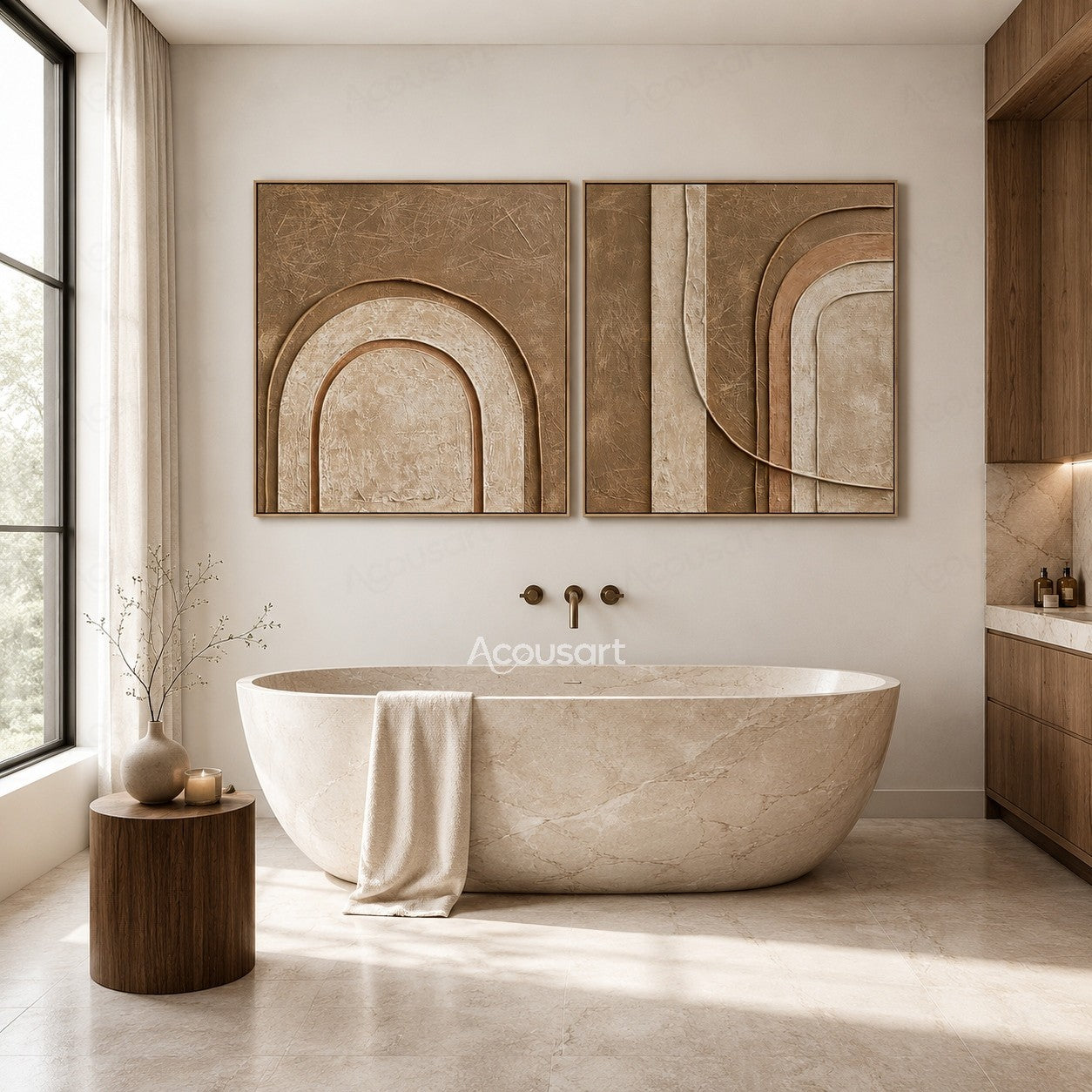 Neutral textured abstract diptych wall art with beige tones, arch shapes, and layered geometric curves