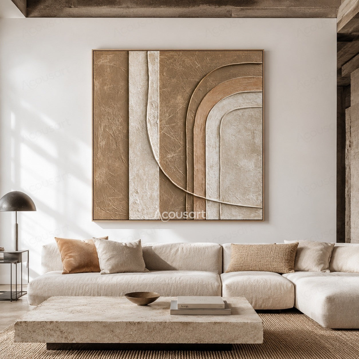 Neutral textured abstract wall art with layered curved shapes in beige and cream tones