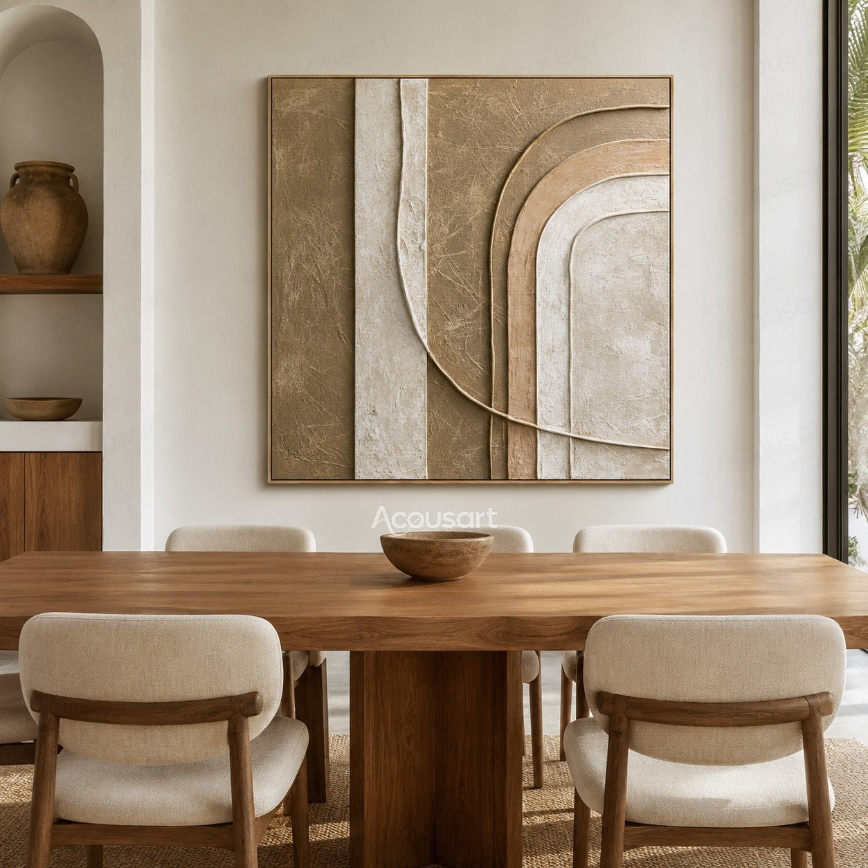 Neutral textured abstract wall art with layered curved shapes in beige and cream tones