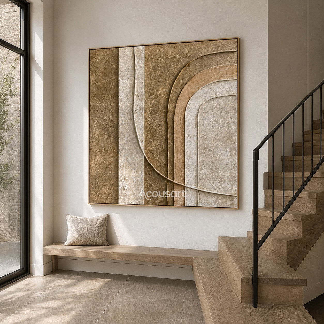 Neutral textured abstract wall art with layered curved shapes in beige and cream tones