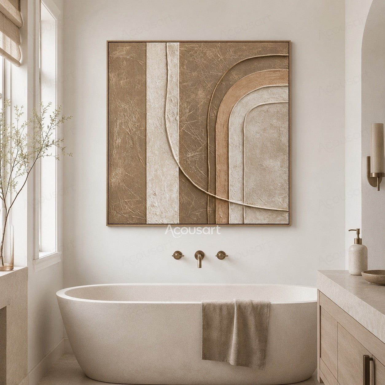Neutral textured abstract wall art with layered curved shapes in beige and cream tones