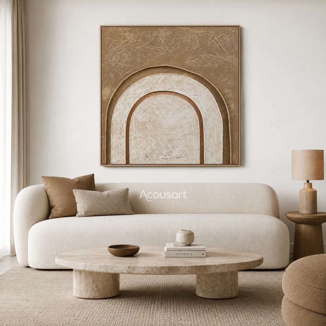 Neutral textured abstract arch wall art with layered cream and beige curved shapes