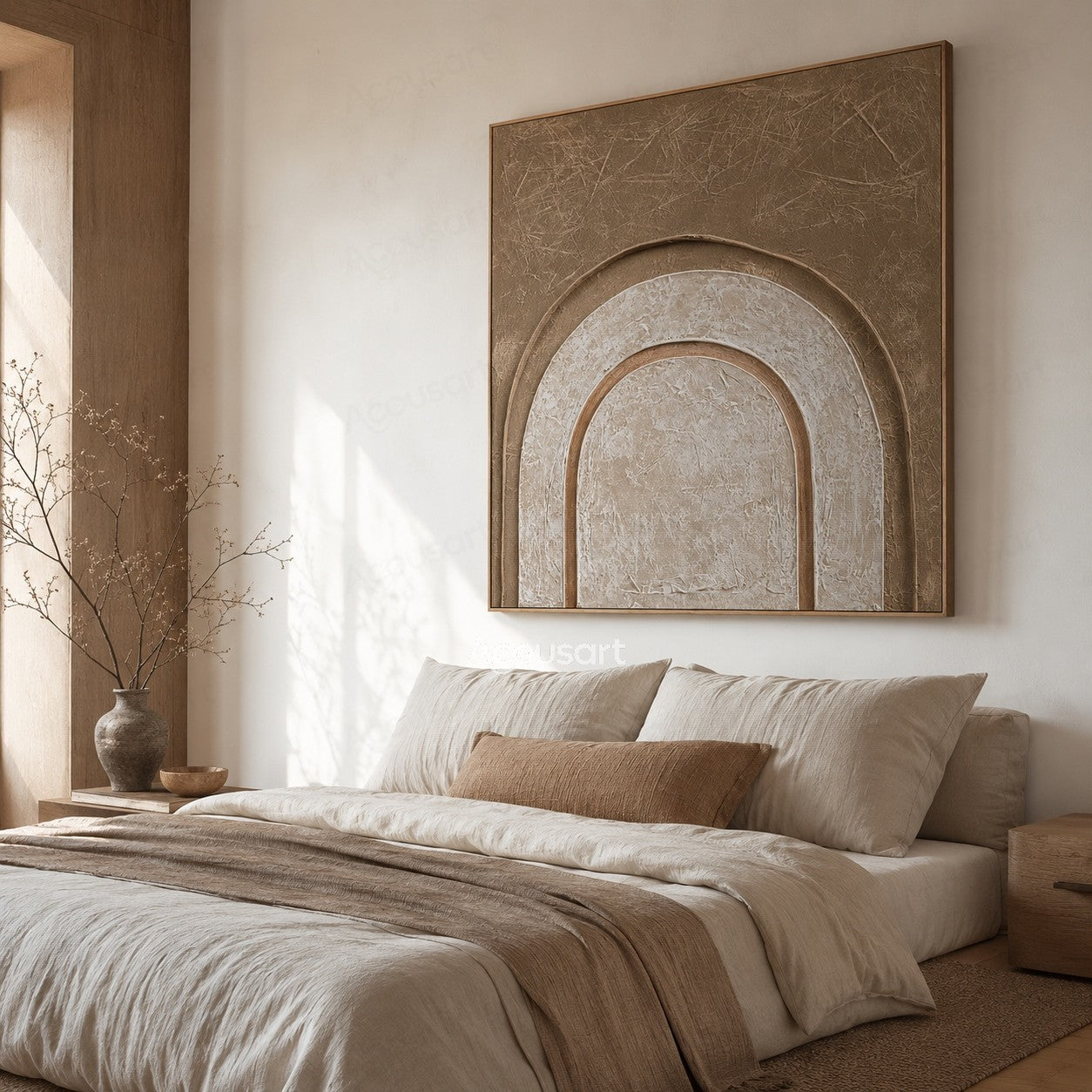 Neutral textured abstract arch wall art with layered cream and beige curved shapes