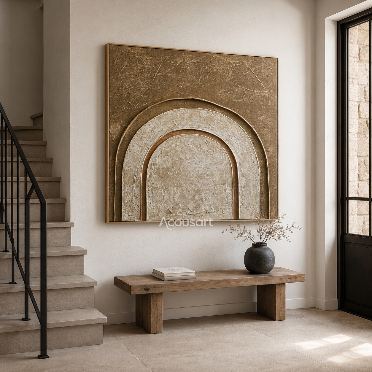 Neutral textured abstract arch wall art with layered cream and beige curved shapes