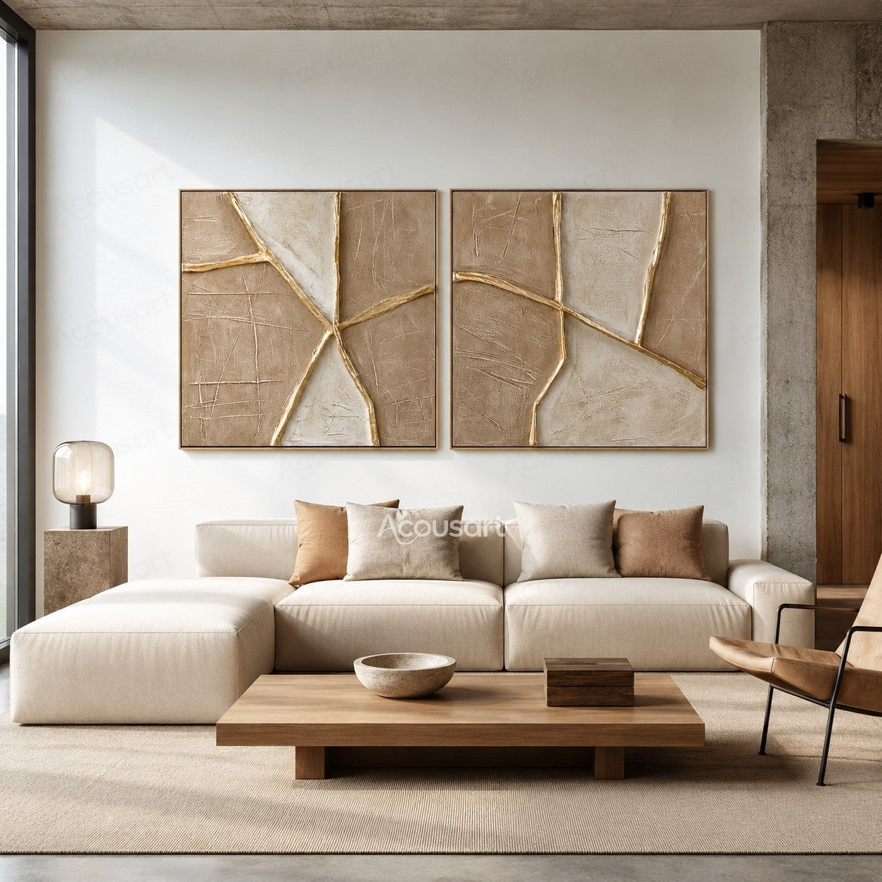 Neutral textured abstract geometric wall art set of 2 with beige tones and raised gold lines