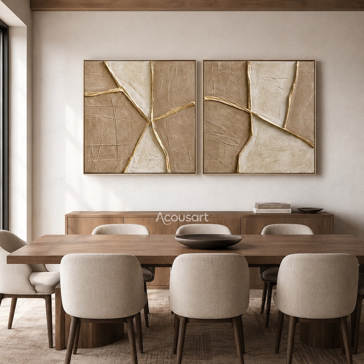 Neutral textured abstract geometric wall art set of 2 with beige tones and raised gold lines