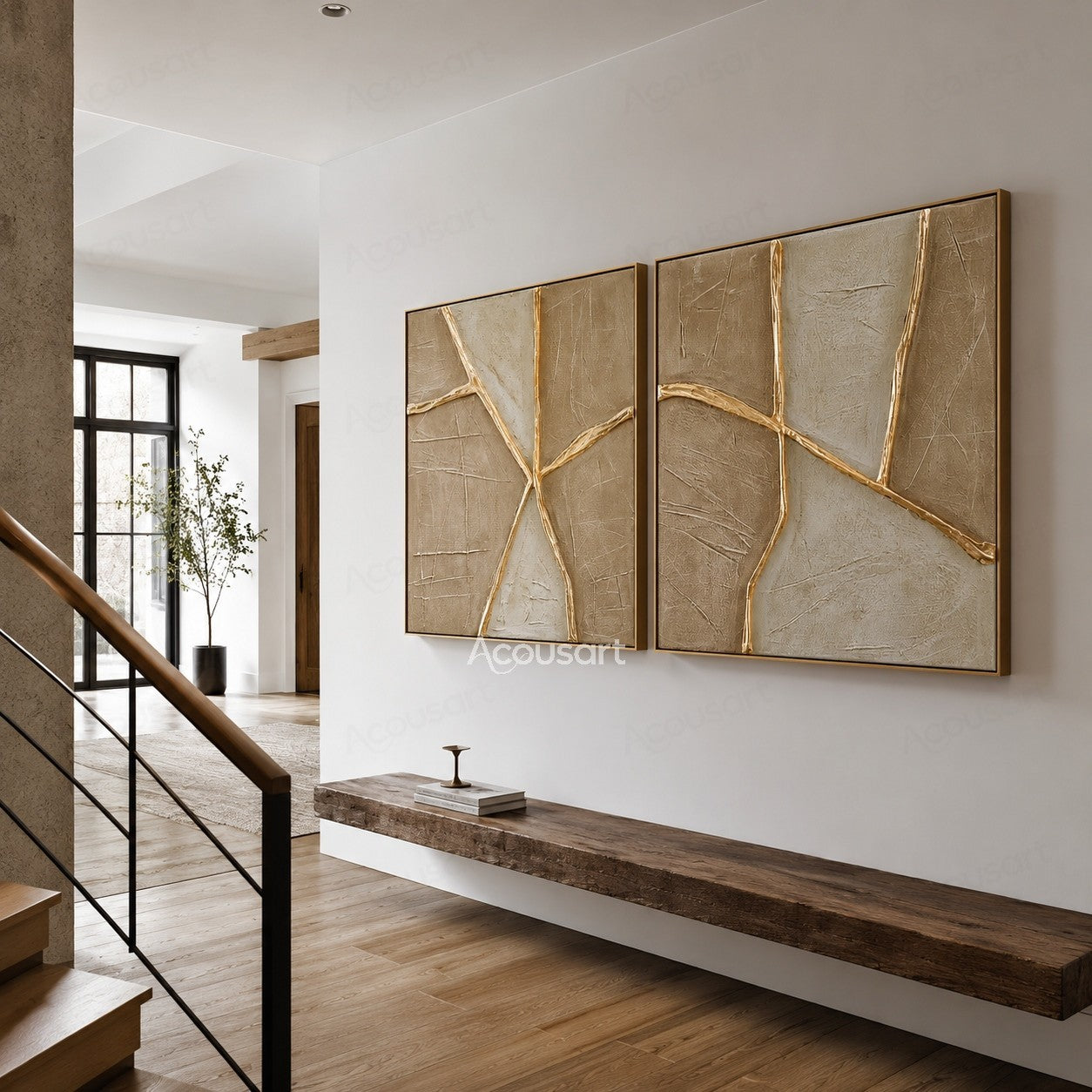 Neutral textured abstract geometric wall art set of 2 with beige tones and raised gold lines