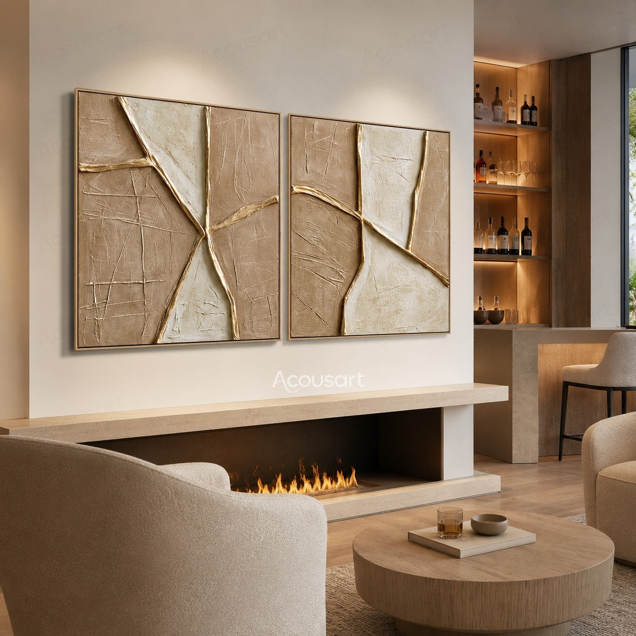 Neutral textured abstract geometric wall art set of 2 with beige tones and raised gold lines