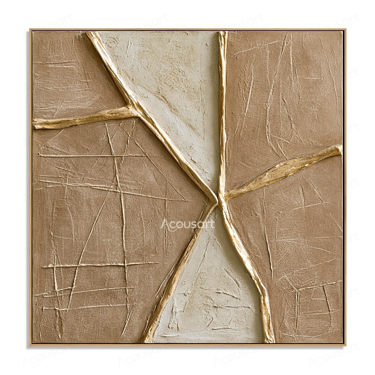 Neutral textured abstract geometric wall art with beige background and raised golden lines