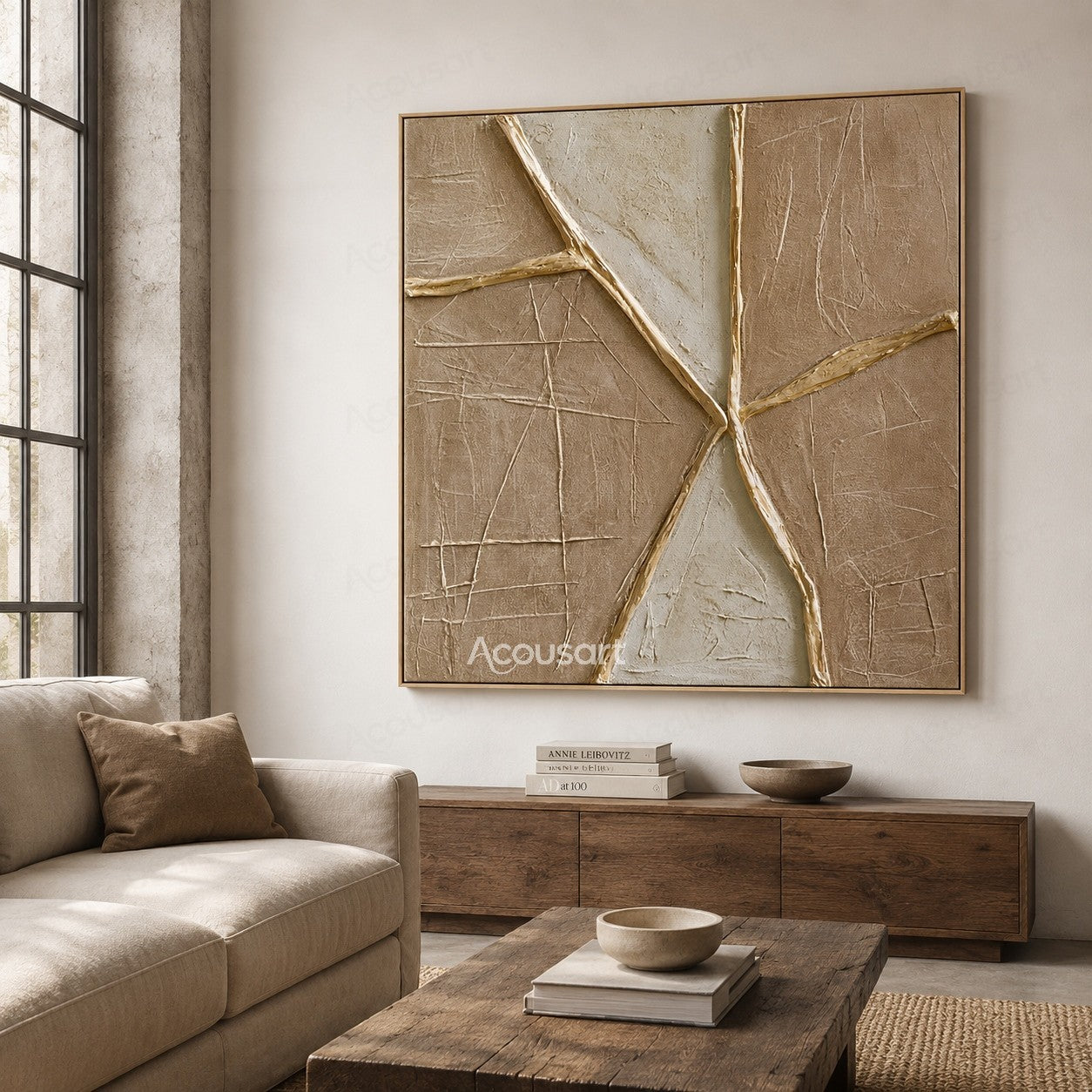 Neutral textured abstract geometric wall art with beige background and raised golden lines