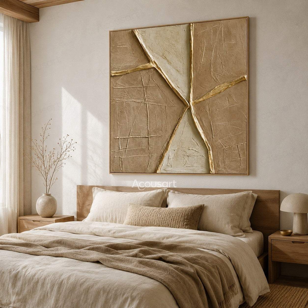 Neutral textured abstract geometric wall art with beige background and raised golden lines