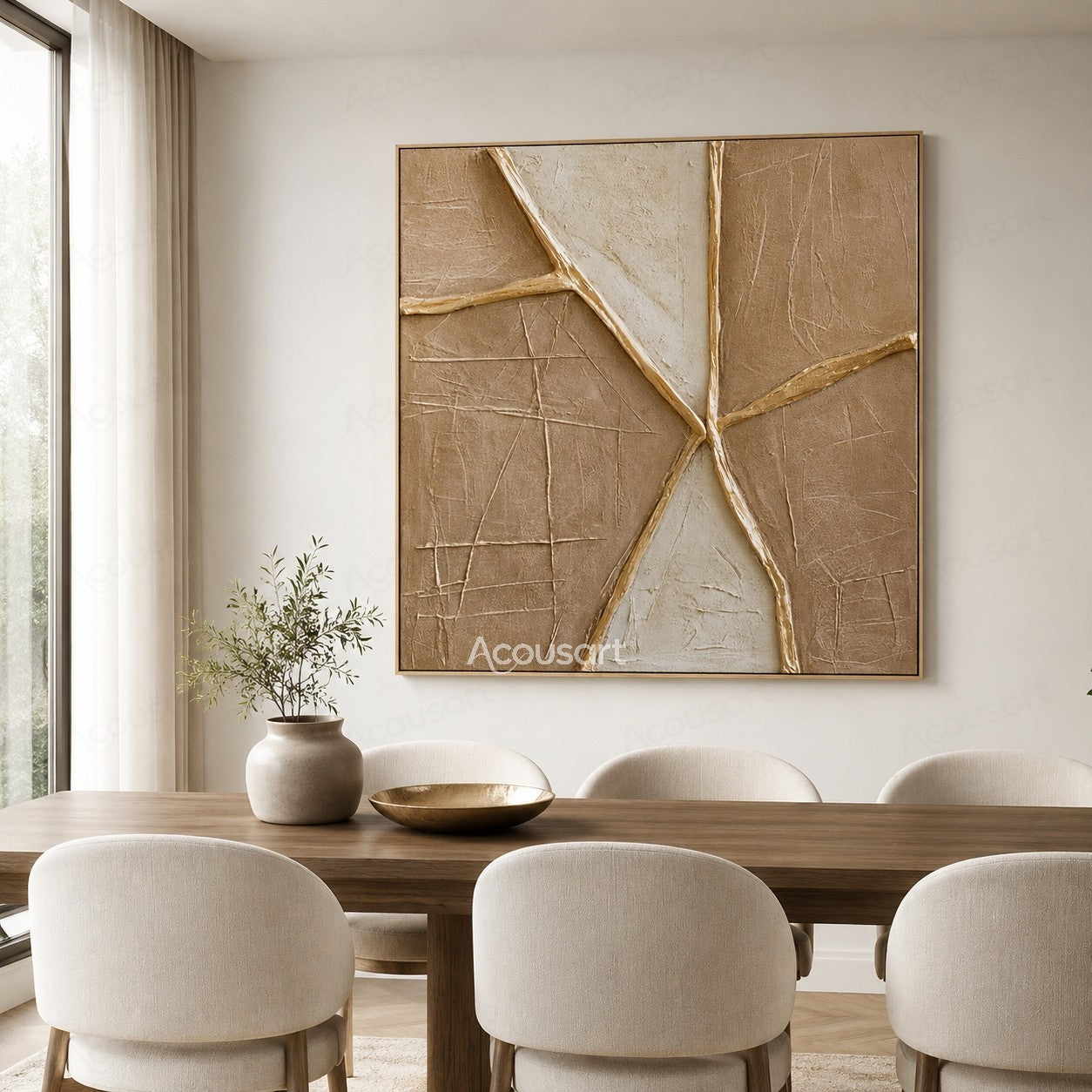 Neutral textured abstract geometric wall art with beige background and raised golden lines