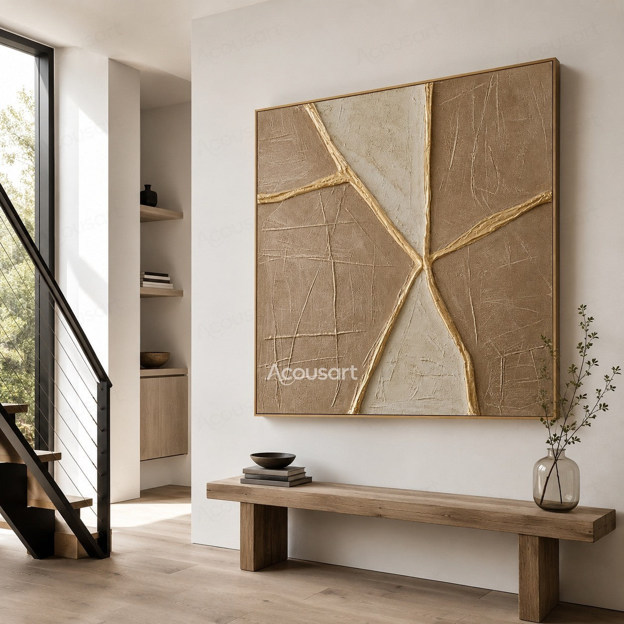 Neutral textured abstract geometric wall art with beige background and raised golden lines