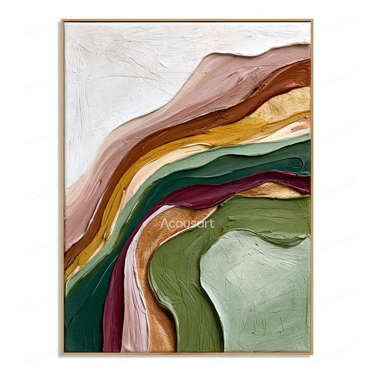 Colorful textured abstract wall art with flowing layered brushstrokes in green, pink, gold, and earthy tones