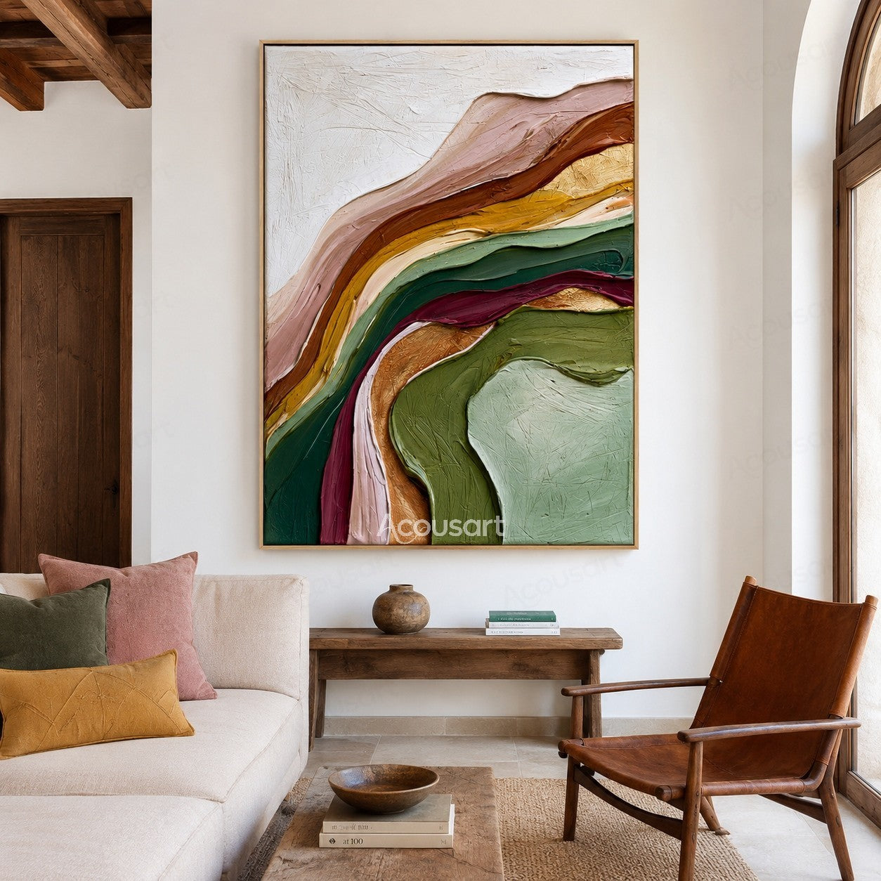 Colorful textured abstract wall art with flowing layered brushstrokes in green, pink, gold, and earthy tones