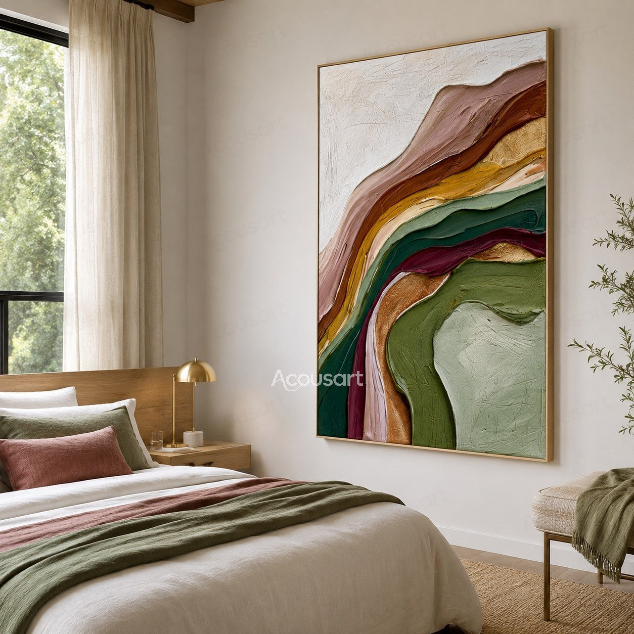 Colorful textured abstract wall art with flowing layered brushstrokes in green, pink, gold, and earthy tones