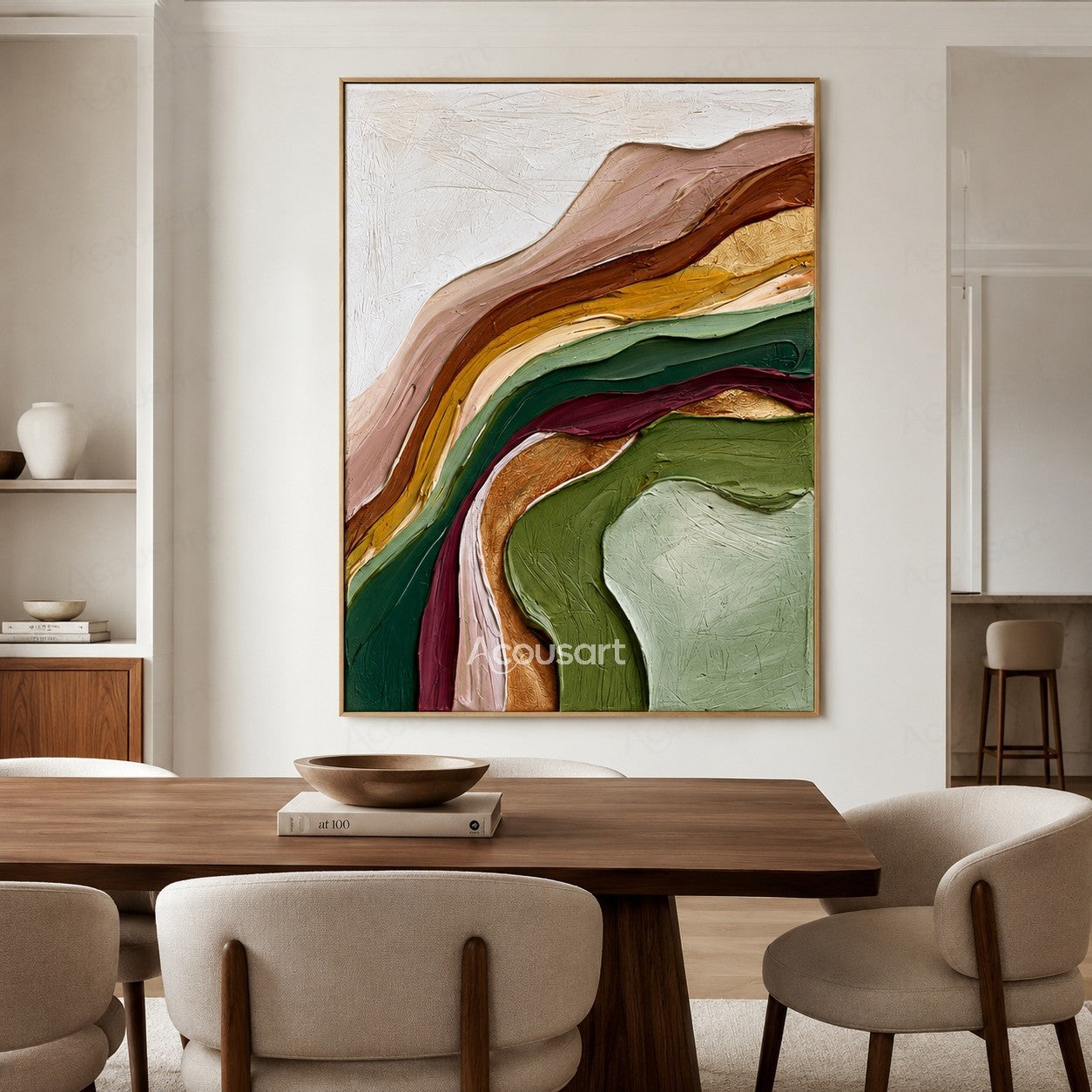 Colorful textured abstract wall art with flowing layered brushstrokes in green, pink, gold, and earthy tones