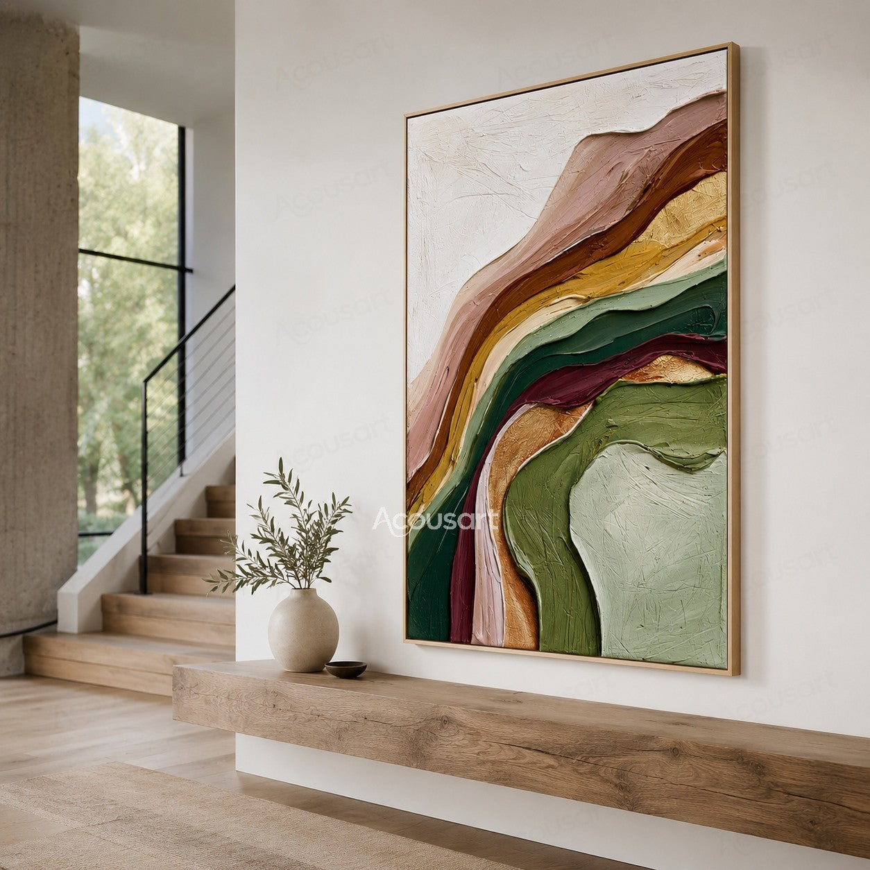 Colorful textured abstract wall art with flowing layered brushstrokes in green, pink, gold, and earthy tones
