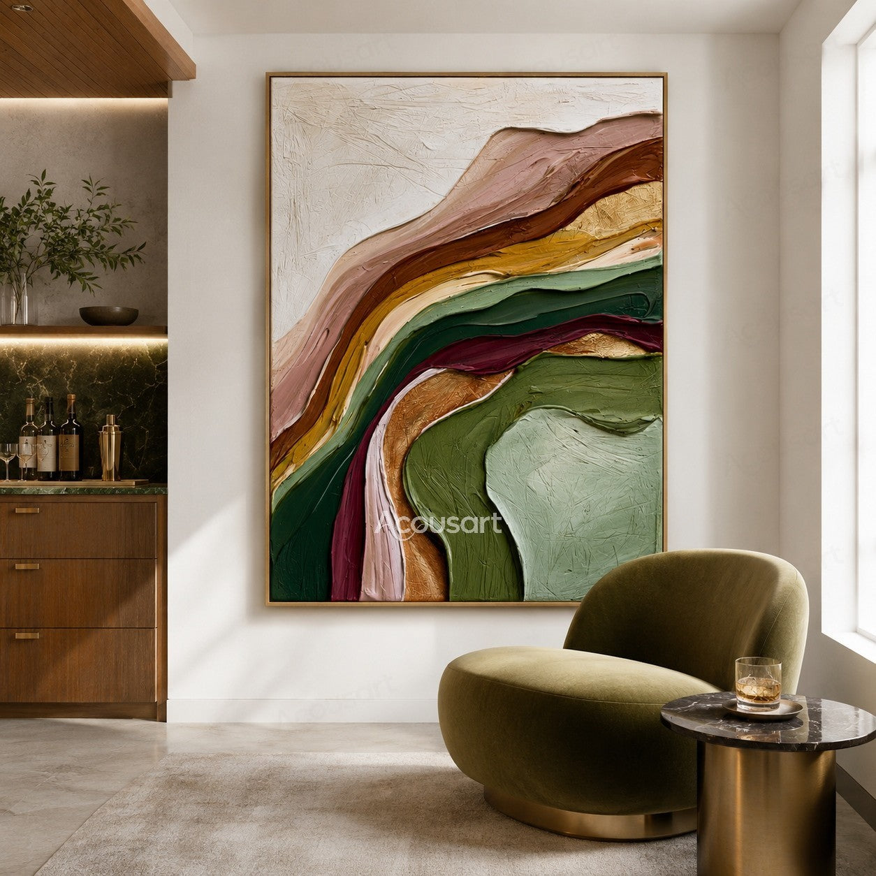 Colorful textured abstract wall art with flowing layered brushstrokes in green, pink, gold, and earthy tones
