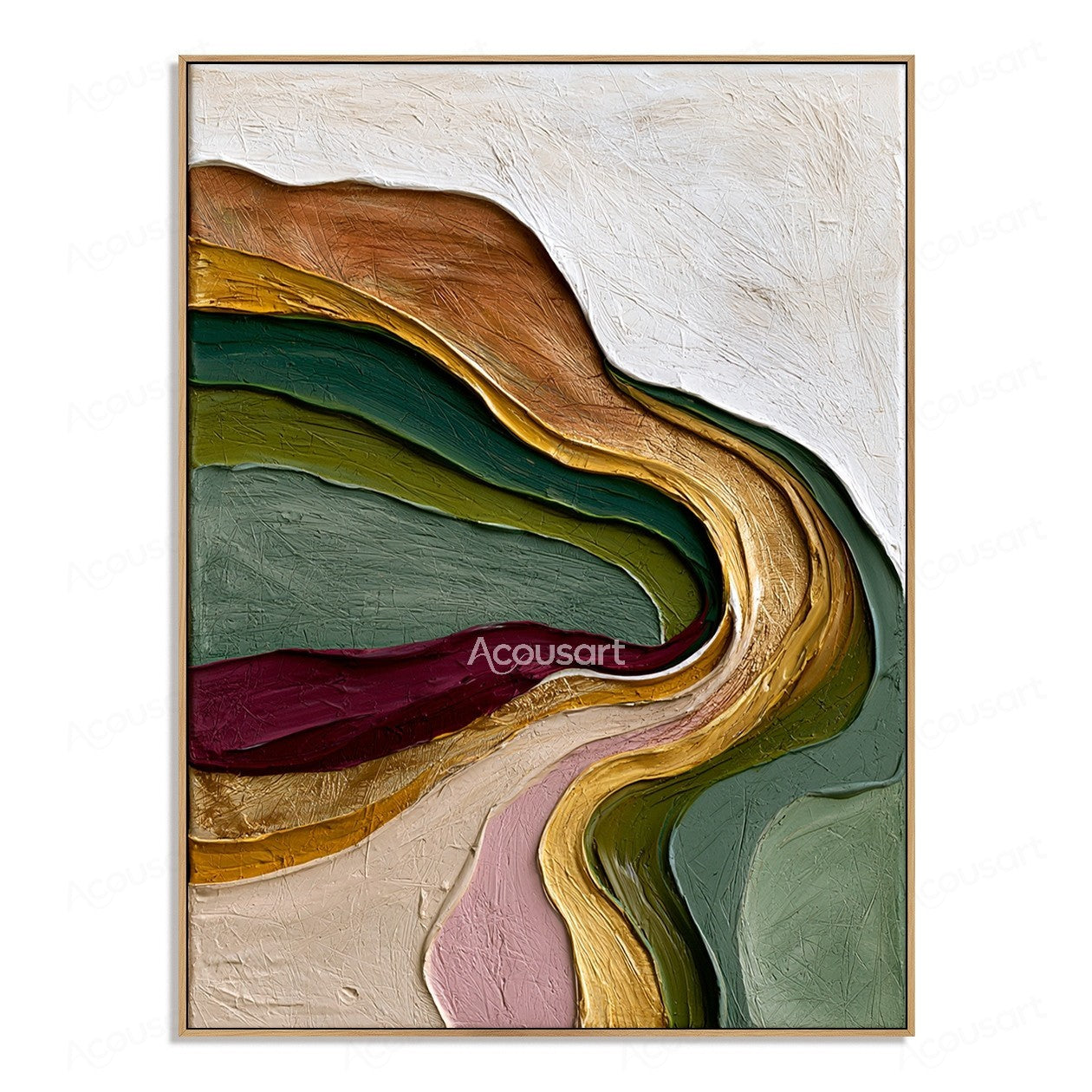 Multicolor textured abstract wall art with flowing layers of green, gold, burgundy, pink, and earthy tones